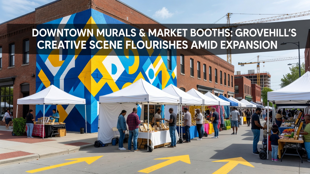 Market booths lined up in Grovehill downtown plaza with shoppers browsing artisan products during an October event