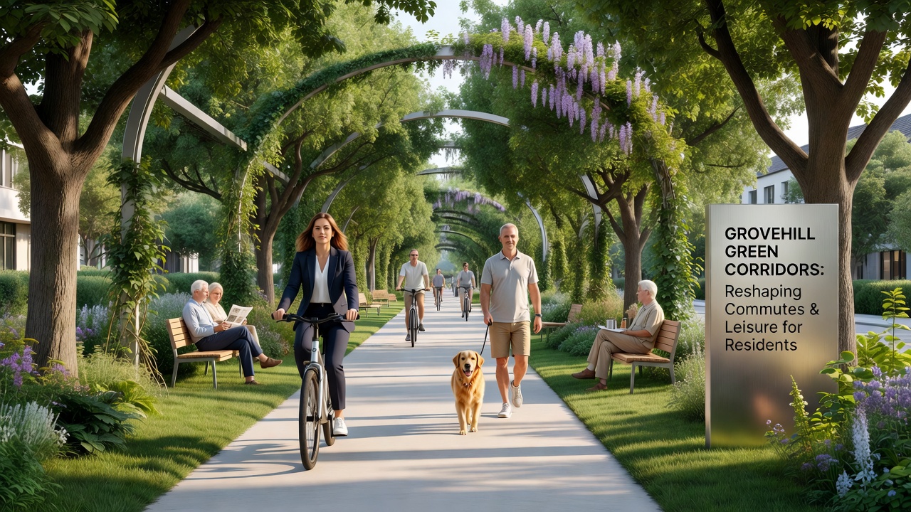 Residents walking and cycling along a shaded section of the Grovehill green corridor during afternoon hours